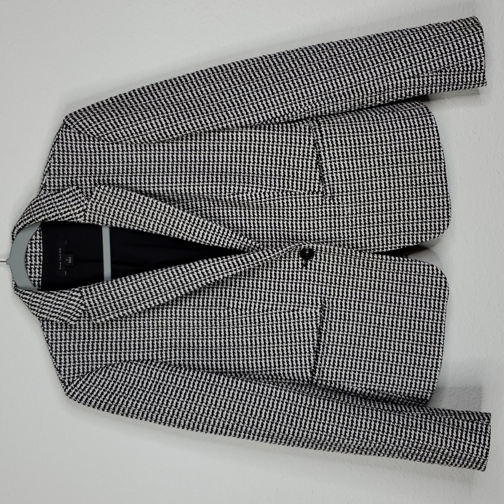Ann Taylor houndstooth blazer one button black white lined rear vent womens 6